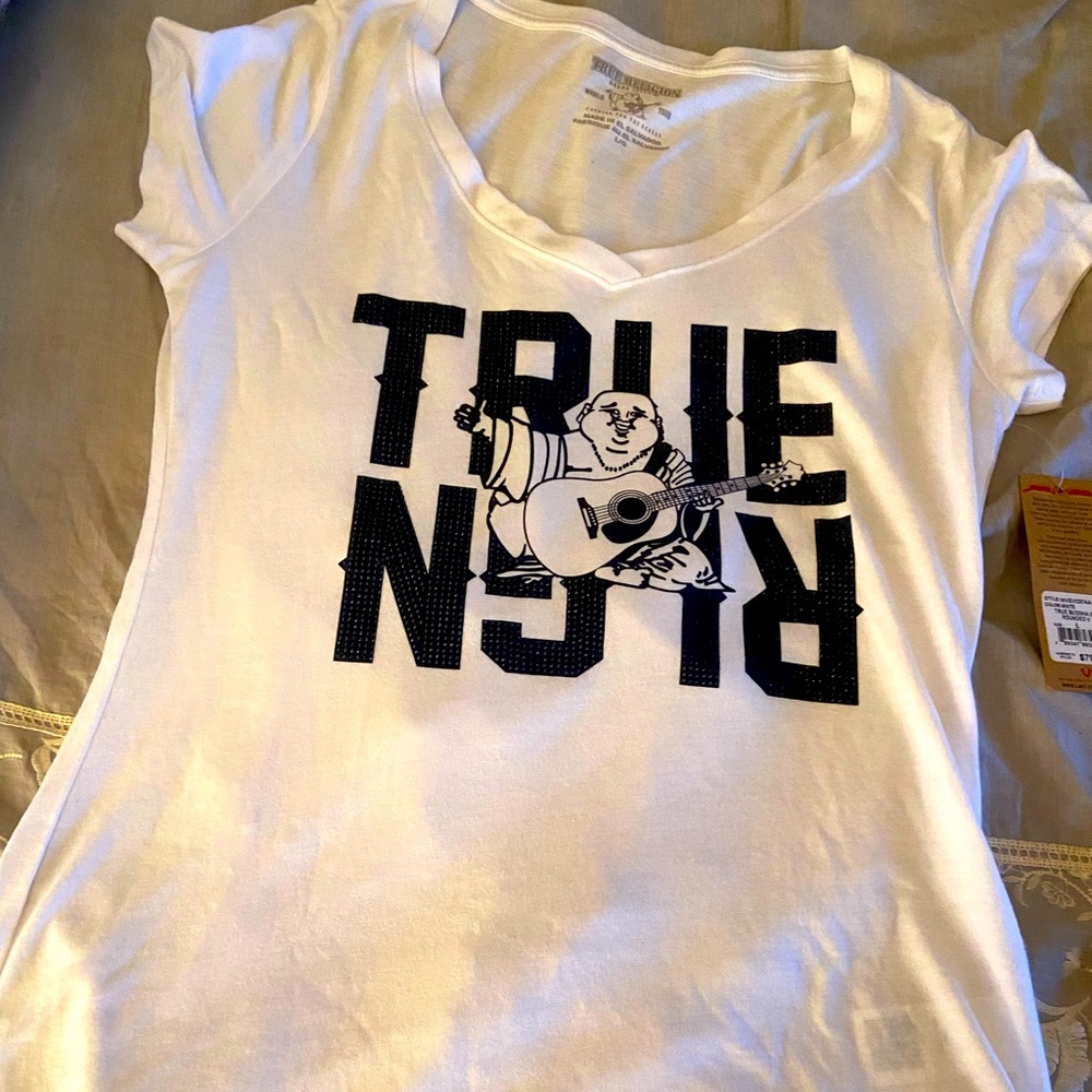 White Tee with Blue Rhinestone Graphic Design